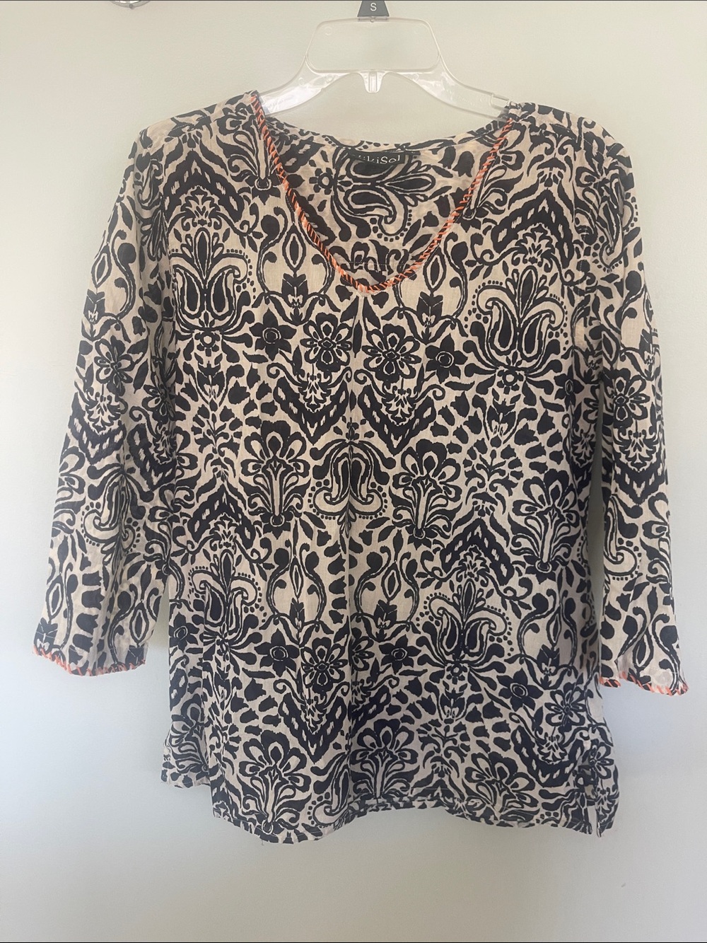 KikiSol L V-Neck Long Sleeve Top in Navy and Cream with Orange Trim